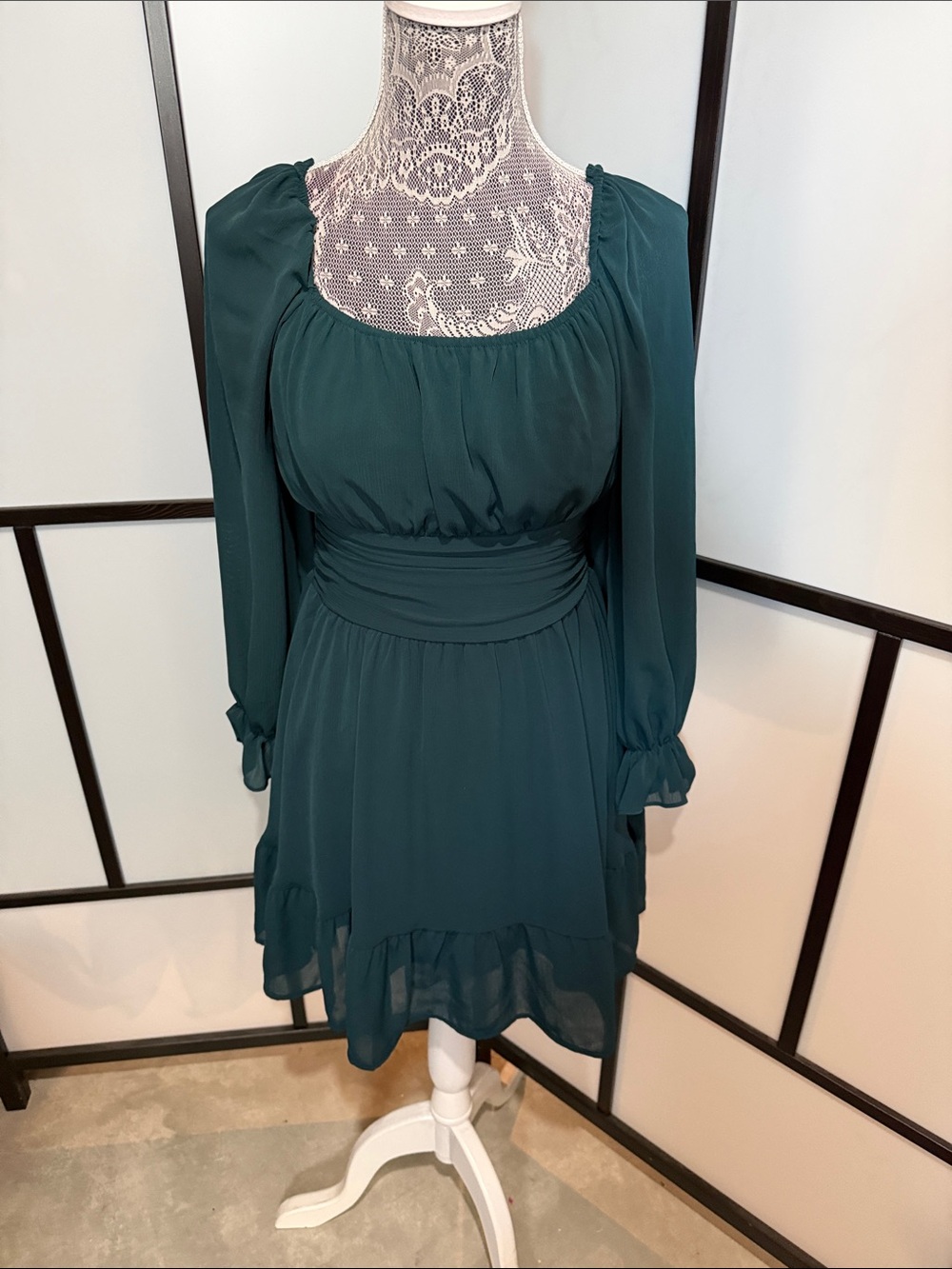 Emerald Long-Sleeve Gathered Waist Mini Dress